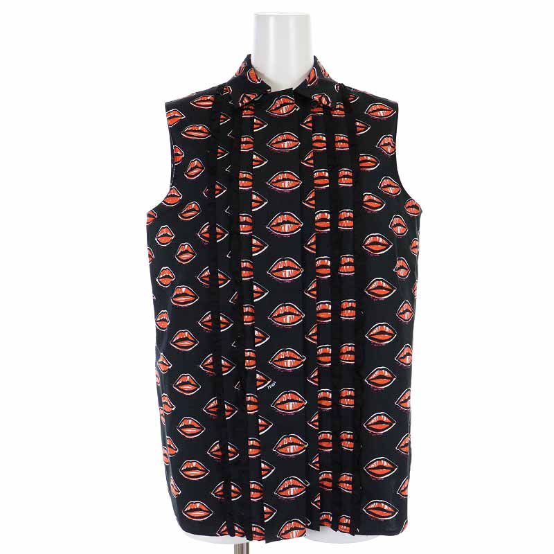 プラダ PRADA 16年製 ブラウス シャツ フリル リップ柄 ノースリーブ 