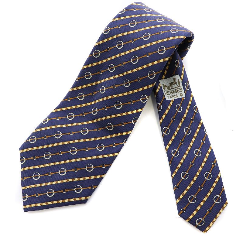 HERMES エルメス ネイビー 鎖柄 ネクタイ シルク製