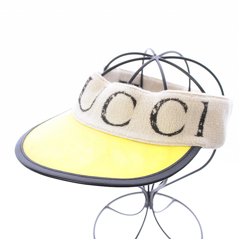 グッチ GUCCI サンバイザー ヘアバンド 帽子 ロゴ M 58cm ベージュ 