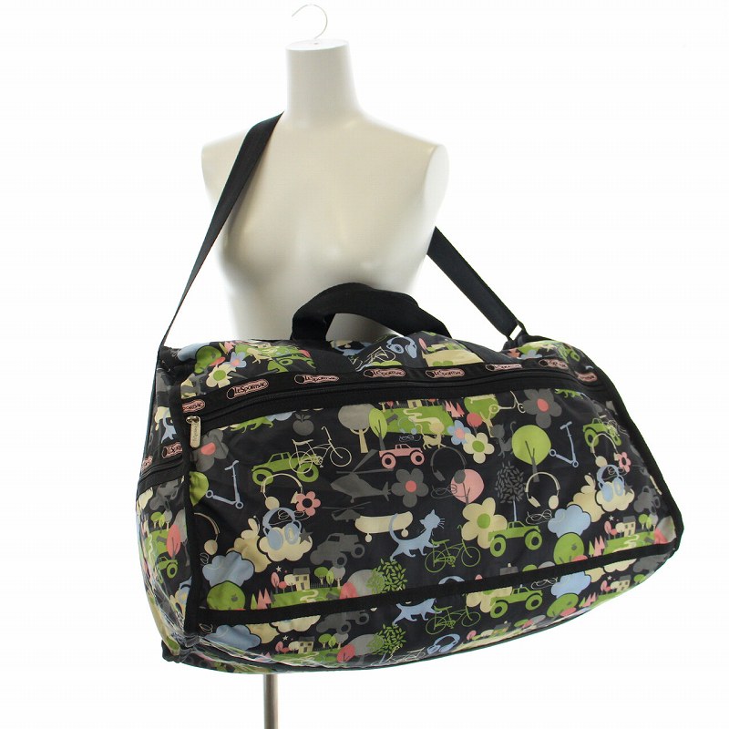 大人可愛い 大容量 レスポートサック 花 総柄ボストンバッグ ショルダー黒ピンク LeSportsac レスポートサック ボストンバッグ ショルダー 2way