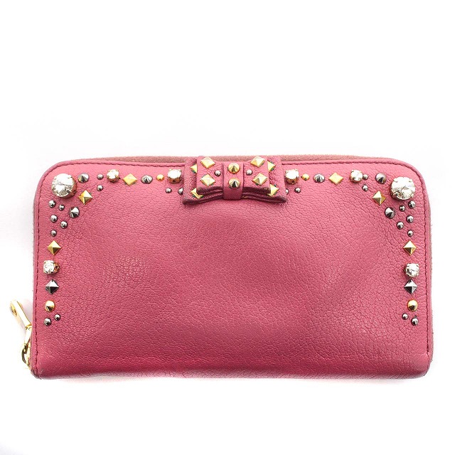 ミュウミュウ miumiu 長財布 マドラス レザー リボン ラインストーン 