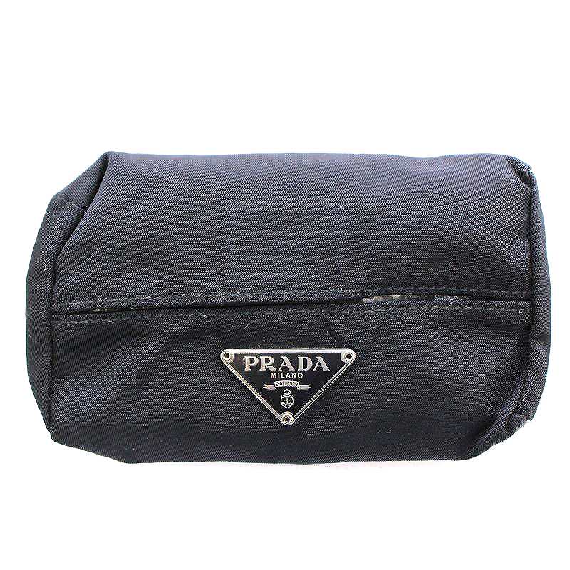プラダ PRADA ティッシュケース ミニ 三角プレート ロゴ ナイロン 黒 