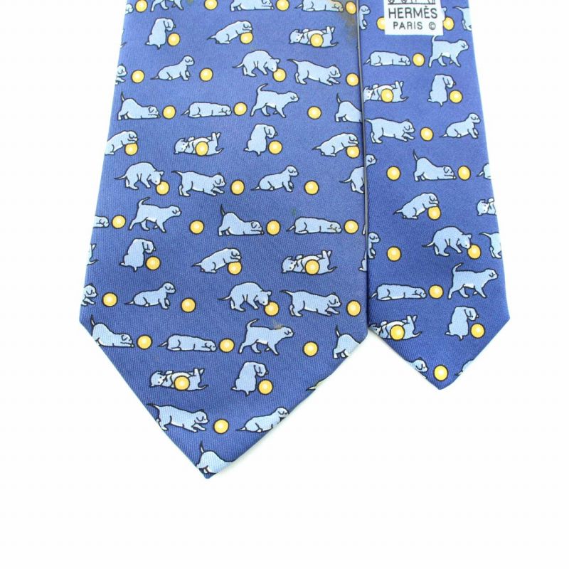 エルメス HERMES ネクタイ レギュラータイ 総柄 犬柄 絹 シルク 青 