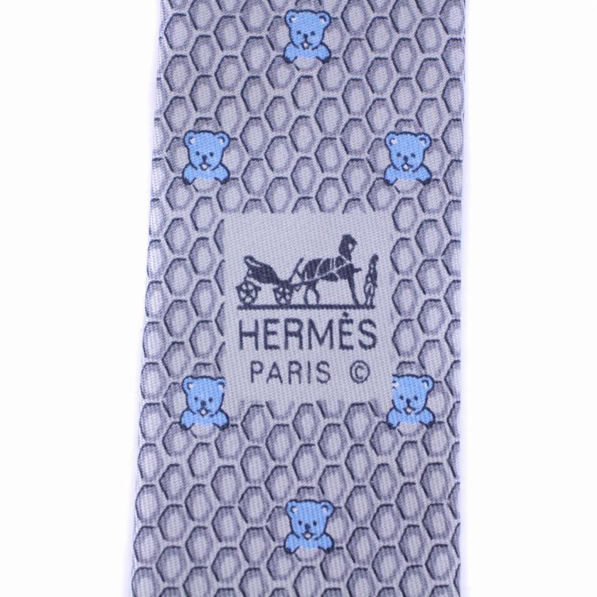 エルメス HERMES ネクタイ コアラ柄 シルク フランス製 グレー 水色 