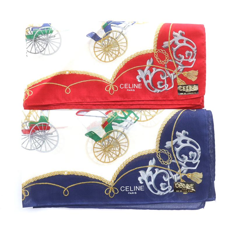 セリーヌ CELINE ハンカチ 2枚セット まとめ売り 柄 馬車 コットン 赤  