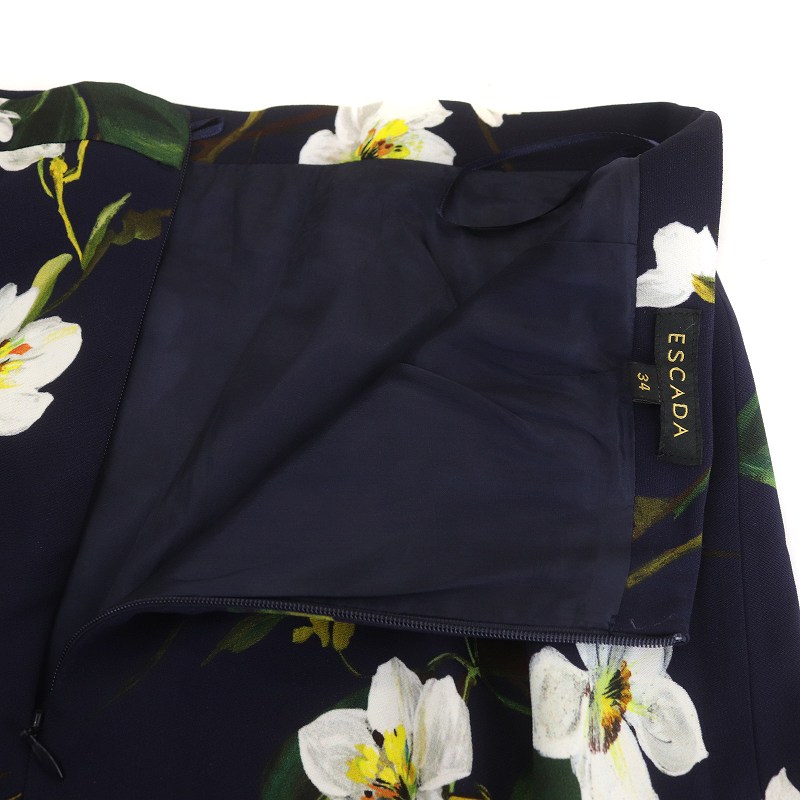 エスカーダ ESCADA フレアスカート ミモレ ロング 花柄 34 XXS 紺  