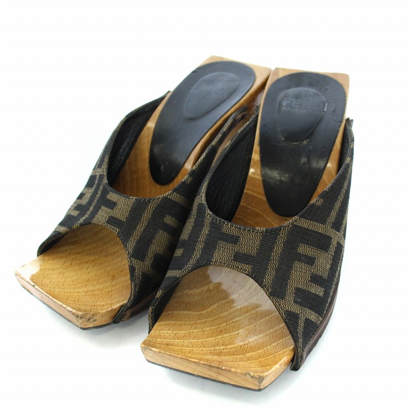 フェンディ FENDI サンダル ミュール ズッカ柄 36 23cm ベージュ 黒  