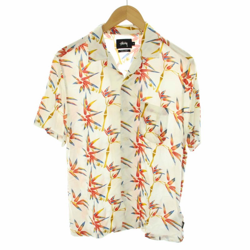 ステューシー STUSSY アロハシャツ オープンカラー 半袖 総柄 竹 笹 S 