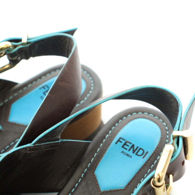 フェンディ FENDI ストラップサンダル 厚底 クロス レザー 34 22cm 茶