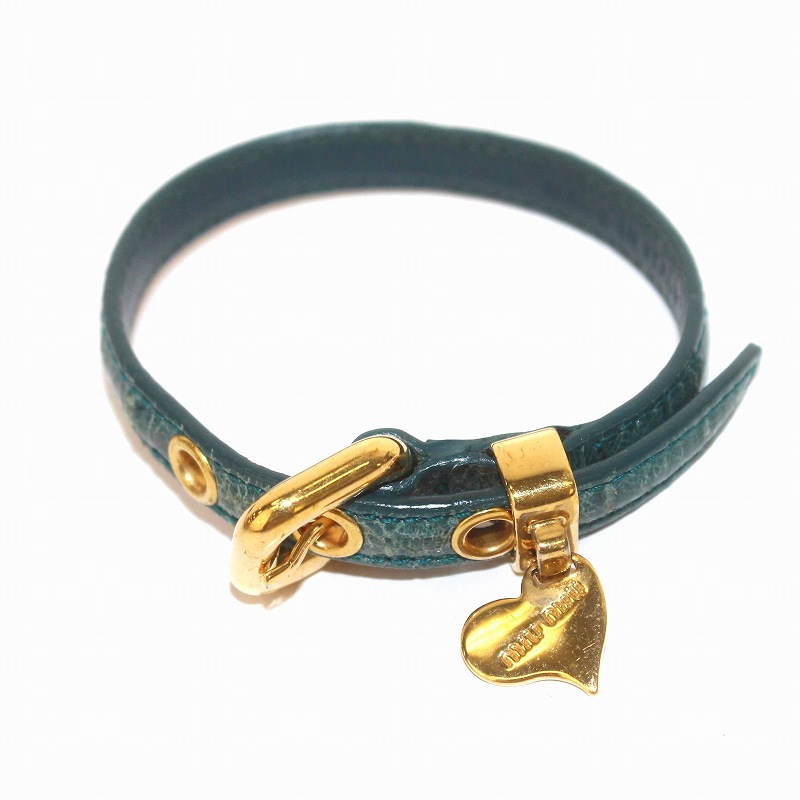 ミュウミュウ miumiu ブレスレット レザー 牛革 ハートチャーム 緑 