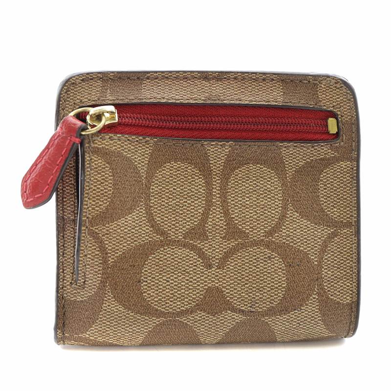 新品☆COACH(コーチ)レッド 快く ブラウン シグネチャー レザー 折り財布