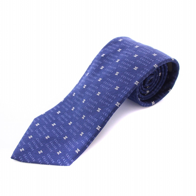 極美品 セリーヌ ネクタイ マカダム トリオンフ 総柄 小紋柄 スーツ 青 極美品】 セリーヌ ネクタイ マカダム柄 総柄 シルク ハイブランド