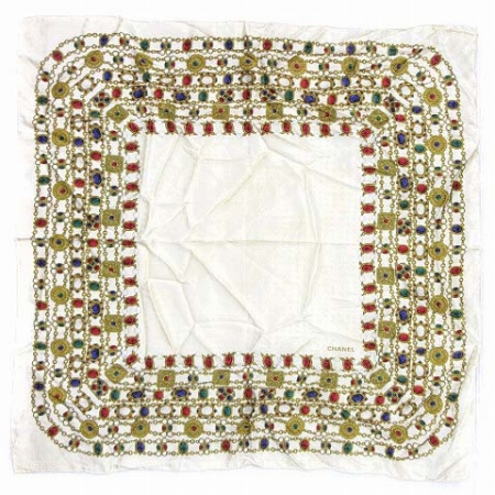 シャネル CHANEL スカーフ シルク 100% ジュエリー 宝石柄 ロゴ 白系