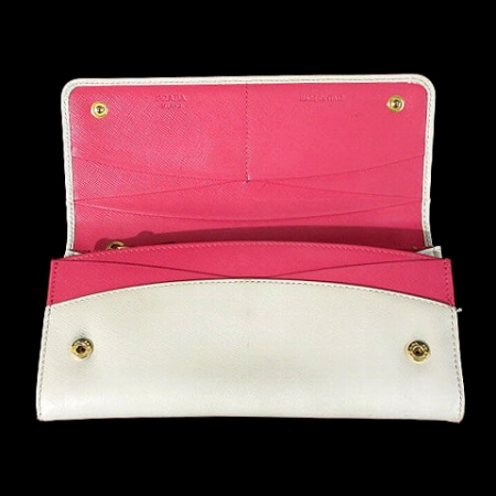 プラダ PRADA 財布 長財布 バイカラー サフィアーノ レザー 白 ピンク 