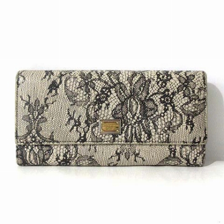 アンドドルチェ ガッバーナ ドルガバ Dolce Gabbana 財布 長財布 二つ折り ロゴ プレート レザー レース柄 ベージュ 黒 レディース 0 ベクトルパーク