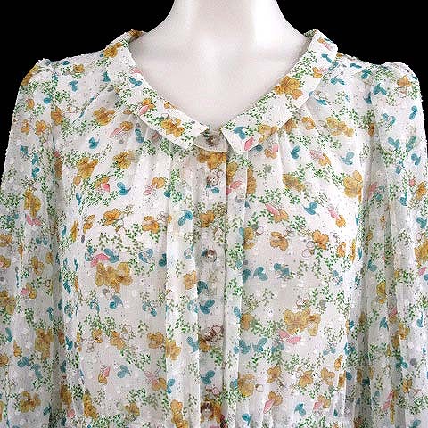 未使用品 フランシュリッペ Franche Lippee 19ss ワンピース もぐもぐ マキシ シフォン リボン 七分袖 総柄 白系 M レディース 0 ベクトルパーク