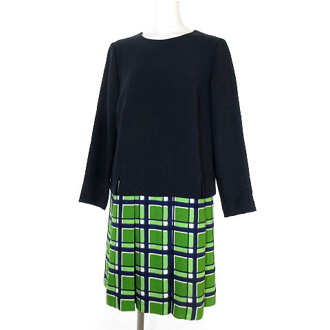 マークバイマークジェイコブス Marc By Marc Jacobs ワンピース ミニ 長袖 ドッキング 切替 タック プリーツ チェック M 黒 ブラック 緑 グリーン S レディース 0 ベクトルパーク