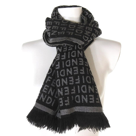 FENDI ロゴ入りマフラー 黒・グレー フェンディ(FENDI) レディース