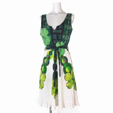 デシグアル Desigual ワンピース 膝丈 ノースリーブ プルオーバー スパンコール 総柄 コットン ホワイト グリーン L 0 ベクトルパーク