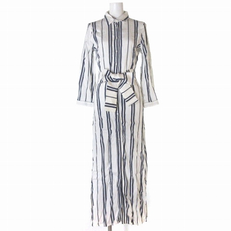 ザラウーマン Zara Woman シャツ ワンピース ロング マキシ丈 長袖 ストライプ 麻 リネン 白 ホワイト ネイビー Xs レディース 0 ベクトルパーク
