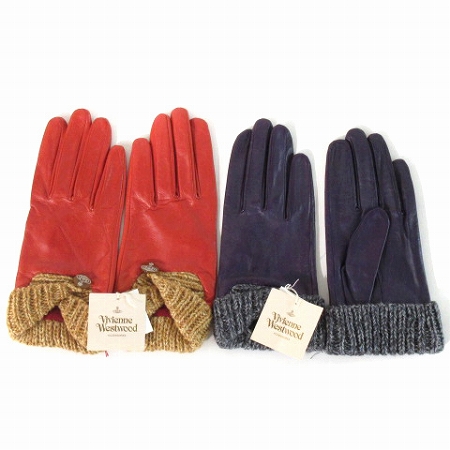 未使用品 ヴィヴィアンウエストウッド Vivienne Westwood タグ付き 手袋 ラム レザー 羊革 ニット オレンジ 紫 パープル 21 2個セット レディース 0 ベクトルパーク