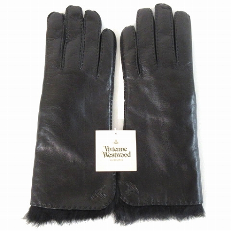 未使用品 ヴィヴィアンウエストウッド Vivienne Westwood タグ付き 手袋 ラム レザー 羊革 フェイク ファー ロゴ オーブ 型押し 黒 ブラック 21 レディース 0 ベクトルパーク