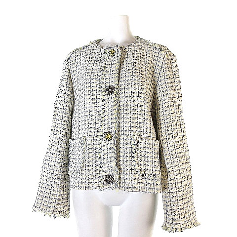ザラ ベーシック Zara Basic ジャケット ノーカラー チェック コットン ビジューボタン 装飾 フリンジ 白 黄色 L アウター レディース 0 ベクトルパーク