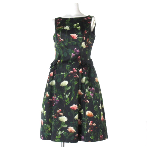 未使用品 エムズグレイシー M S Gracy タグ付き 19年 ワンピース 膝丈 ノースリーブ Rial Flower フラワー 花柄 プリント リボン 黒 緑 36 レディース 0 ベクトルパーク
