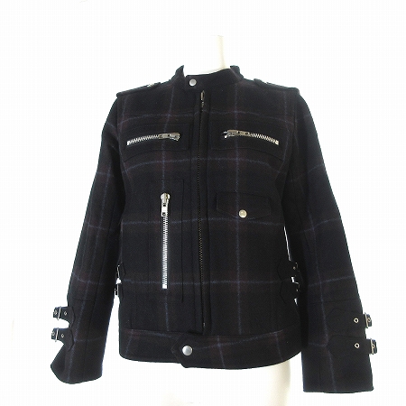 スナオクワハラ Sunao Kuwahara ジャケット ライダース ウール チェック スタンドカラー 黒 茶 M アウター レディース 0 ベクトルパーク