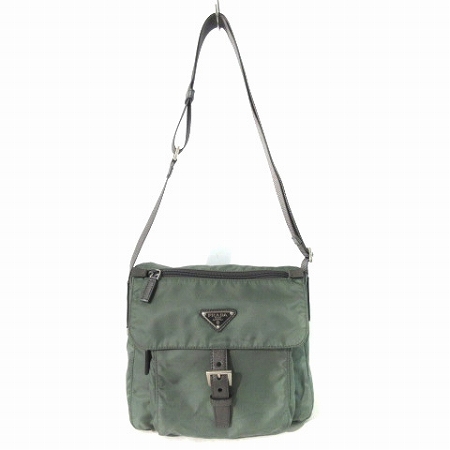 美品　プラダ　レディース　ショルダーバッグ　ナイロン　三角プレート　カーキー プラダ PRADA ショルダー バッグ 斜めがけ ナイロン 三角