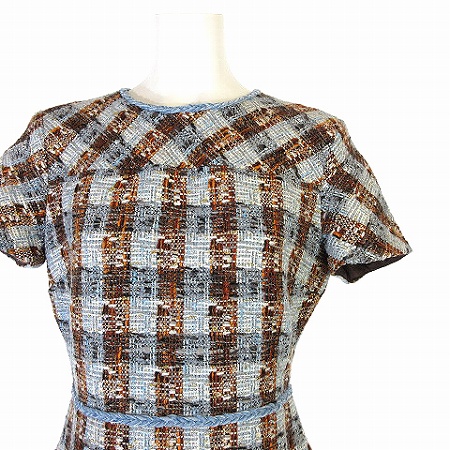 未使用品 ブルックスブラザーズ Brooks Brothers タグ付き Lanificio Campore 生地 ワンピース 半袖 ツイード 膝丈 タイト チェック柄 水色 ライトブルー 2 レディース 0 ベクトルパーク