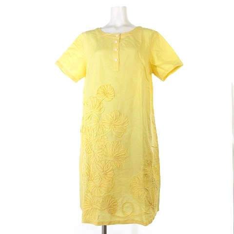 オットー Otto Collection ワンピース 膝丈 フレア 半袖 リネン 麻 花 フラワー 刺繍 ヘンリーネック 黄色 イエロー M レディース 0 ベクトルパーク
