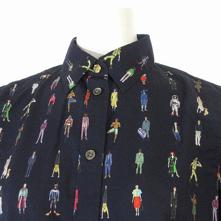 ポールスミス PAUL SMITH シャツ 総柄 人柄 長袖 コットン ネイビー 38 