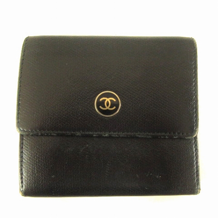 シャネル CHANEL ココマーク 三つ折り財布 Wホック ボタン レザー 黒 