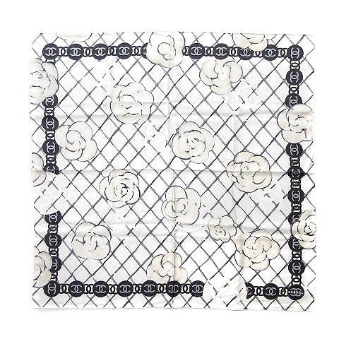 シャネル CHANEL スカーフ 大判 カメリア ココマーク シルク 白  