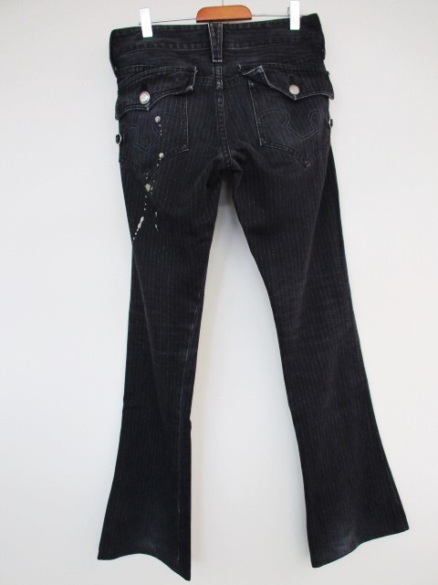 オベリスク Obelisk ブーツカットデニムパンツ W28 黒 綿 ストライプ柄 