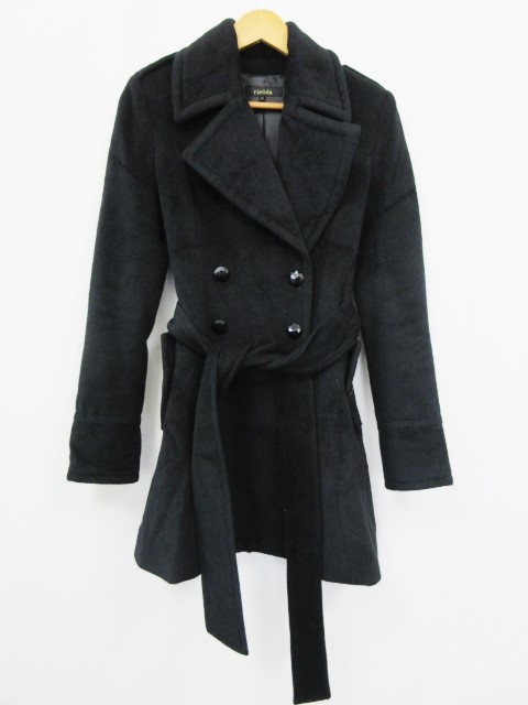 リエンダ Rienda メルトン トレンチコート M ブラック 黒 アンゴラ65 ウール35 Pコート アウター ミドル丈 裏地 肩章 ウエストベルト 冬物 無地 カジュアル レディース 086 ベクトルパーク
