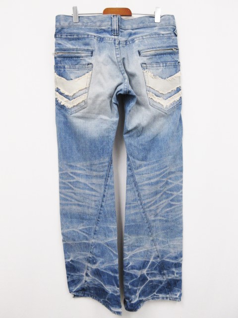 フランシストモークス Francist Mor K S デニムパンツ 2 M相当 インディゴ ライトグレー 青 薄灰 綿100 日本製 ジーンズ ウオッシュ加工 2重フロントポケット ボタンフライ 脇割り デザインバックポケット 刻印ボタン カジュアル メンズ 086 ベクトルパーク