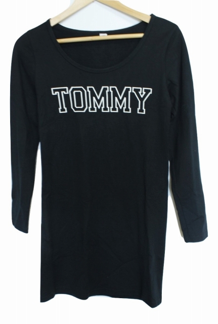 トミー Tommy Tシャツワンピース 長袖 M 黒 綿100 コットン ミニ丈 Iライン ロゴプリント 丸首 Uネック 日本製 ロングtシャツ レディース 086 ベクトルパーク