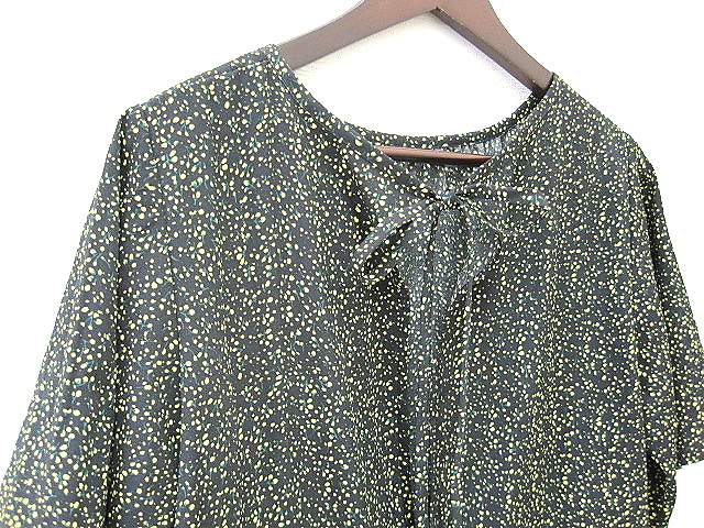 ニコアンド Niko And 小花柄 ロングワンピース 黒系 3 半袖 ノーカラー リボン付き 前開き マキシ丈 ゆったり ブラックベース 黄色花 レディース 0 ベクトルパーク