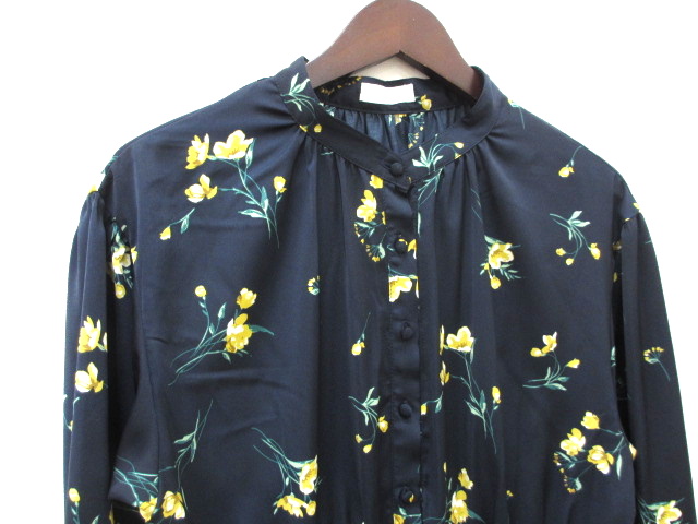 インデックス INDEX 花柄 ロングワンピース ネイビー系 L 長袖 前開き  