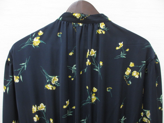 インデックス Index 花柄 ロングワンピース ネイビー系 L 長袖 前開き シャツワンピ フレア 薄手 紺 黄 緑 レディース 0 ベクトルパーク