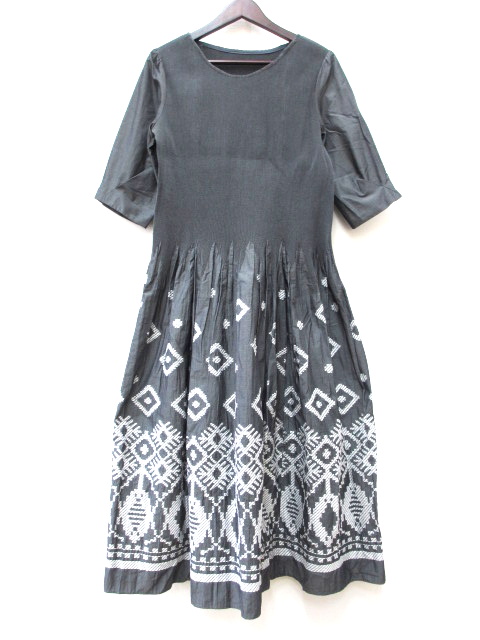ヒロコビス Hiroko Bis ストレッチ ロング ワンピース グレー サイズ9 アンダードレス付 五分袖 フレア 刺繍 0 ベクトルパーク