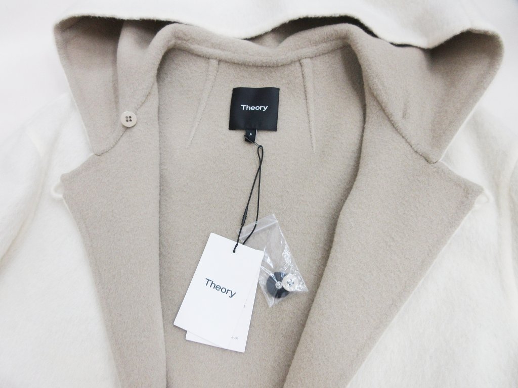 セオリー theory フード付 ロングコート ホワイト×ブラウン サイズP  