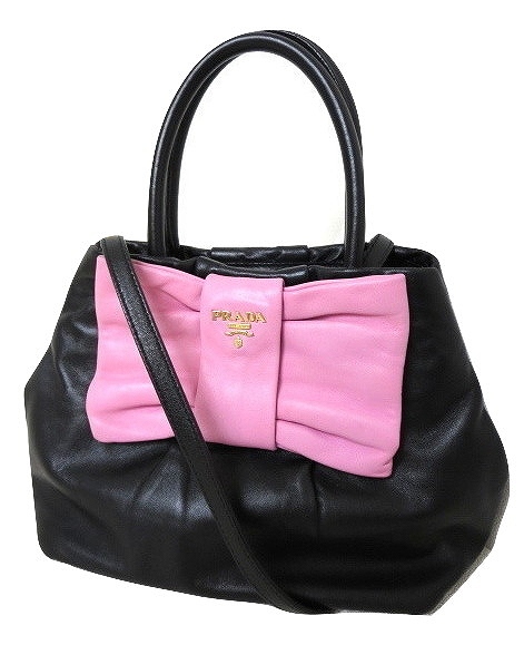 プラダ PRADA ナッパレザー 2way ショルダーバッグ 黒 ピンク 良品  