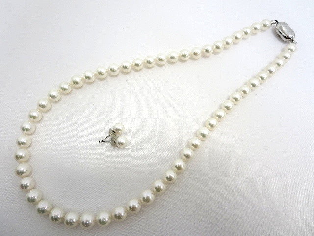 真珠 パールネックレス ピアス セット 45cm 7.5~8mm シルバー K14WG 