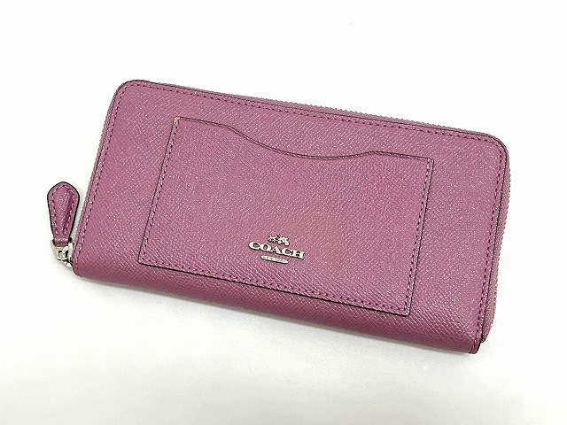 コーチ COACH ラメブレンド レザー ラウンドファスナー長財布 紫系