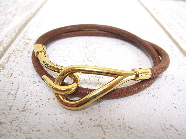 エルメス HERMES ジャンボ レザー ブレスレット 茶 ゴールド 2連 