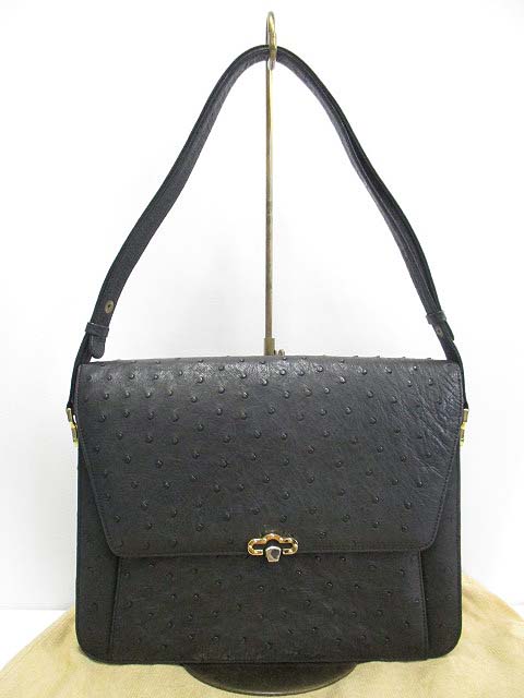 オーストリッチレザー ショルダーバッグ 黒 保存袋付き