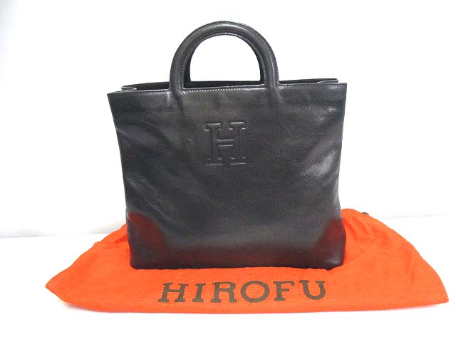ヒロフ HIROFU レザー ハンド バッグ 黒 ブラック 2層式 保存袋